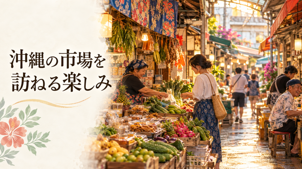 色とりどりの店先や路地が並ぶ沖縄の市場。地元の食や街の雰囲気に触れながら歩く楽しさを表した見出し画像。
