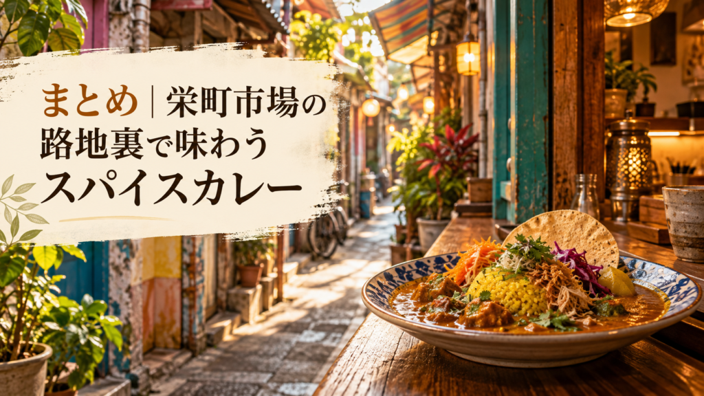 alt 栄町市場の路地裏にあるカレー喫茶で、スパイスカレーを味わう様子を表した見出し画像。