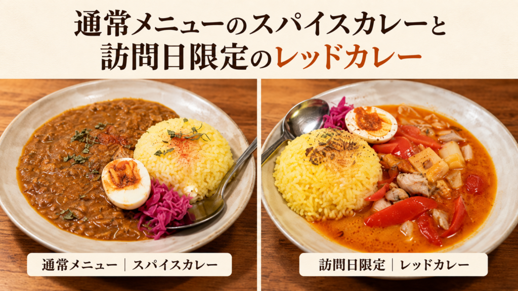 栄町市場スパイスカレーのお店お昼の柄のメニュー通常のスパイスカレーと限定レッドカレーが並んでいる見出し画像