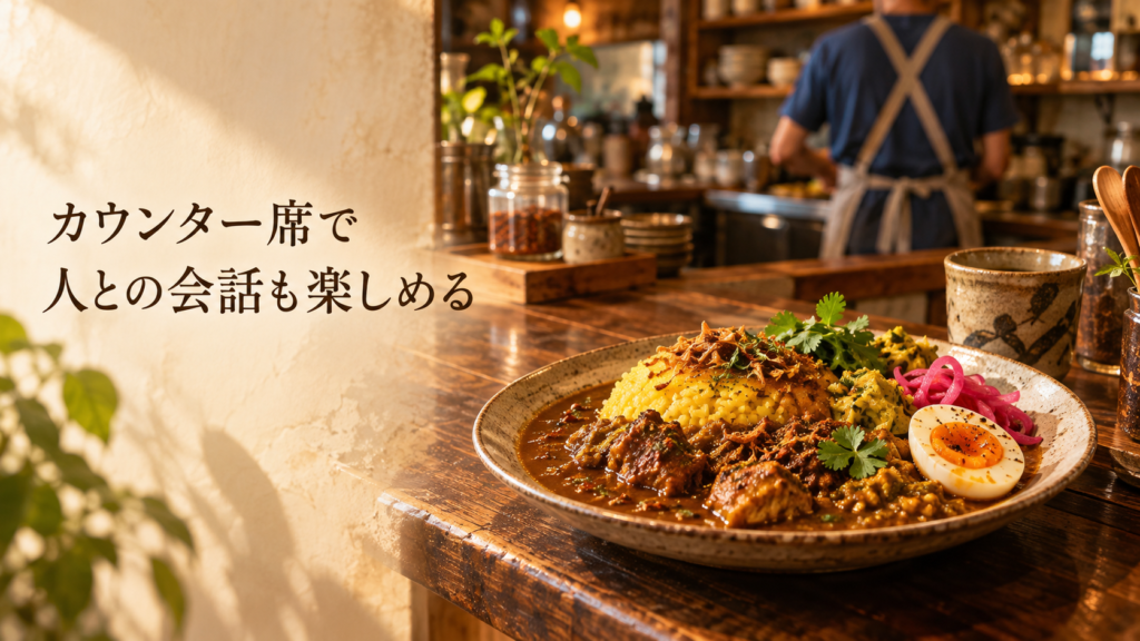 栄町市場のカウンター席に並ぶスパイスカレー。花柄のランプが灯る店内で、後ろ姿の店主と会話を楽しめる雰囲気を表現した見出し画像。